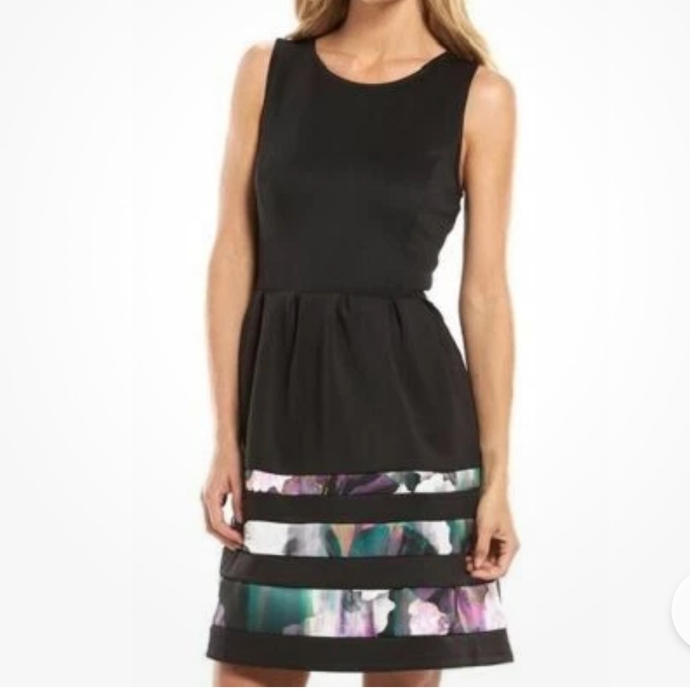 Apt 9 Black Sleeveless Flare Hem Mini Dress with Floral Border Stripe, Size M